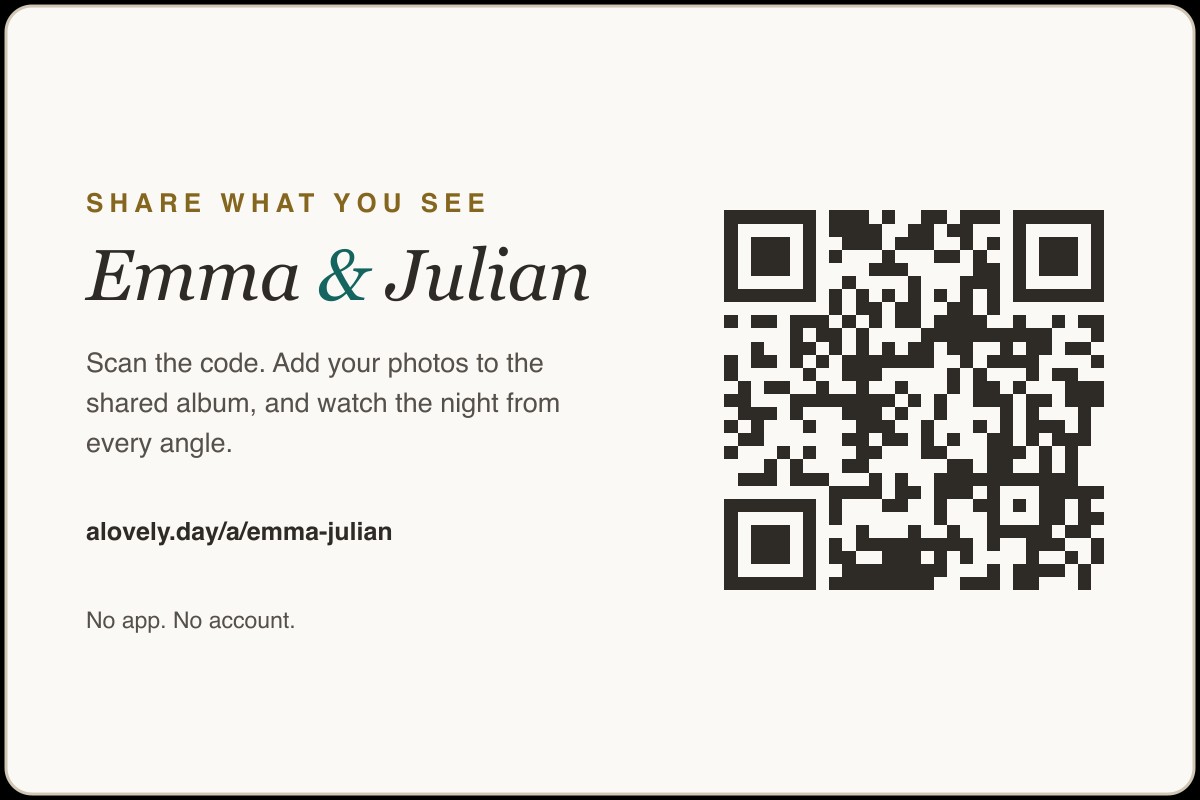 The printed table card the kit produces, with the couple's names and a QR code.